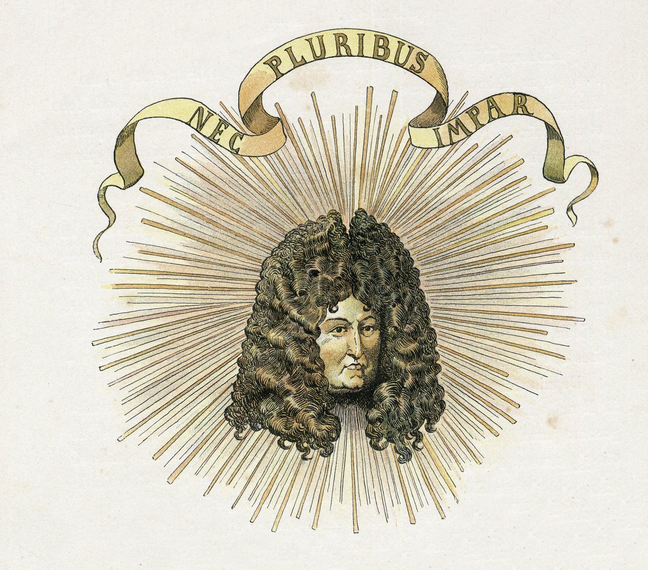 Porträtt av kung Ludvig XIV (1638-1715) med hans motto på latin "Nec pluribus impar"" (A ingen annan liknande). i "" Frankrike, hans historia berättad av G. Montorgueil, imagee av Job"" 1896. Privat samling. av pseudonym for Onfray de Breville Jacques Job