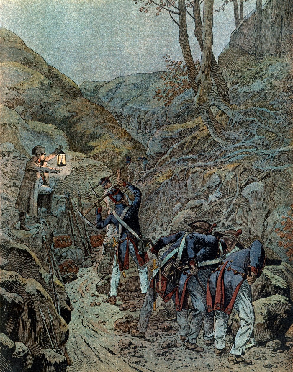 Preussenkampanj (1806): Trupperna arbetade på att bredda en passage för kanoner vid foten av berget Iena på tröskeln till slaget (som väcktes den 14 oktober av pseudonym for Onfray de Breville Jacques Job