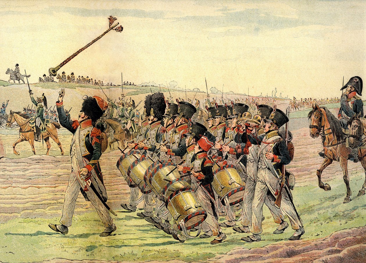 Napoleonska arméns regemente marscherar till strid vid ljudet av musik, ca 1900 (tryck) av pseudonym for Onfray de Breville Jacques Job