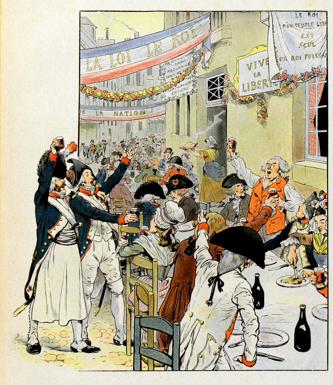 Revolutionär bankett efter intagandet av Bastiljen - Illustration av Job (Jacques Marie Gaston Onfray och Breville) (Jacques-Marie) (1858-1931) för boken "La Tour d