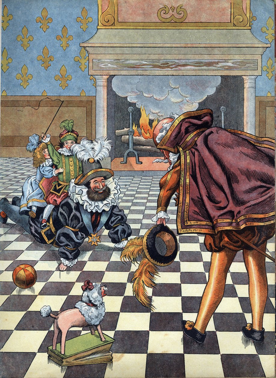 Scen av Frankrikes historia i leksaker: Frankrikes kung Henri IV (1553-1610) leker med sina barn framför den spanska ambassadören. I “” Joujoux a l