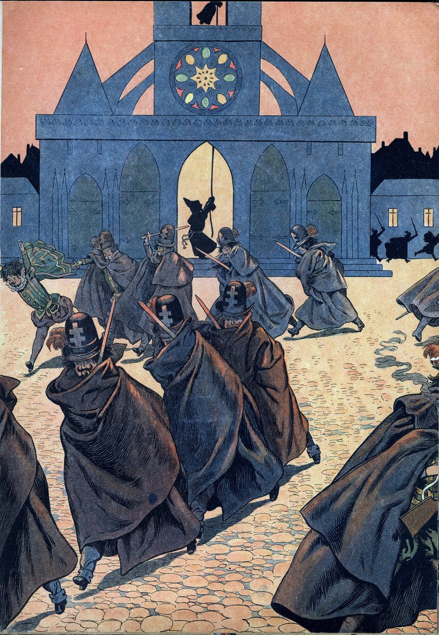 Scen av Frankrikes historia i leksaker: La Saint Barthelemy (Saint-Barthélemy). En munk ringer tocsin från kyrkan Saint Germain l