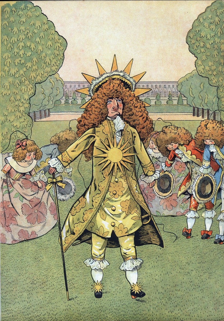 Scen av Frankrikes historia i leksaker: Porträtt av kungen av Frankrike Ludvig XIV (1638-1715) sa Solkungen i Versailles trädgårdar med sitt hov som drog vördnad. I "" Joujoux a l