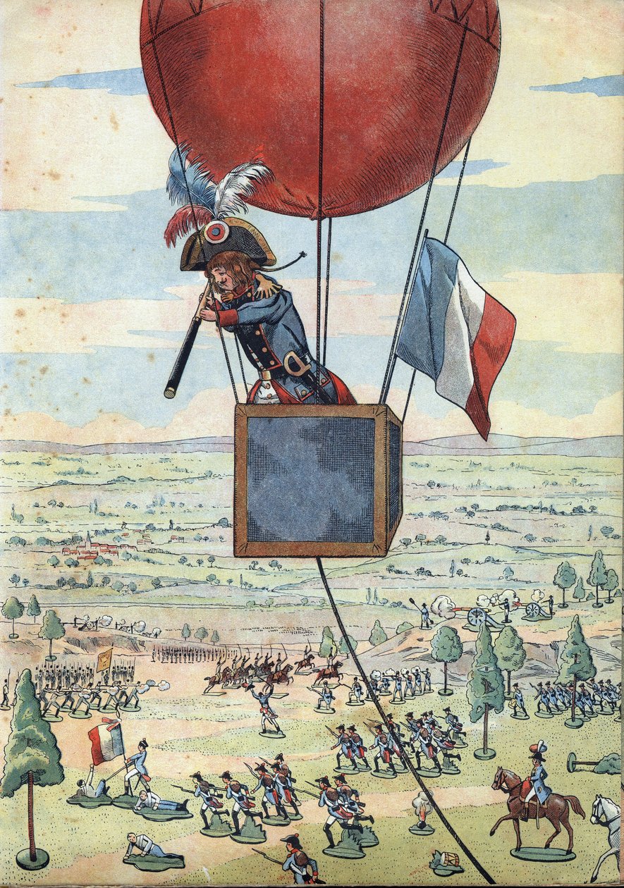 Scen av Frankrikes historia i leksaker: Slaget vid Fleurus den 26 juni 1794 och den första användningen av en observationsballong av kapten Jean Marie Joseph (Jean-Marie-Joseph) Coutelle (1748-1835) med lång utsikt - I " ” Låt oss spela en historia: Frankr av pseudonym for Onfray de Breville Jacques Job