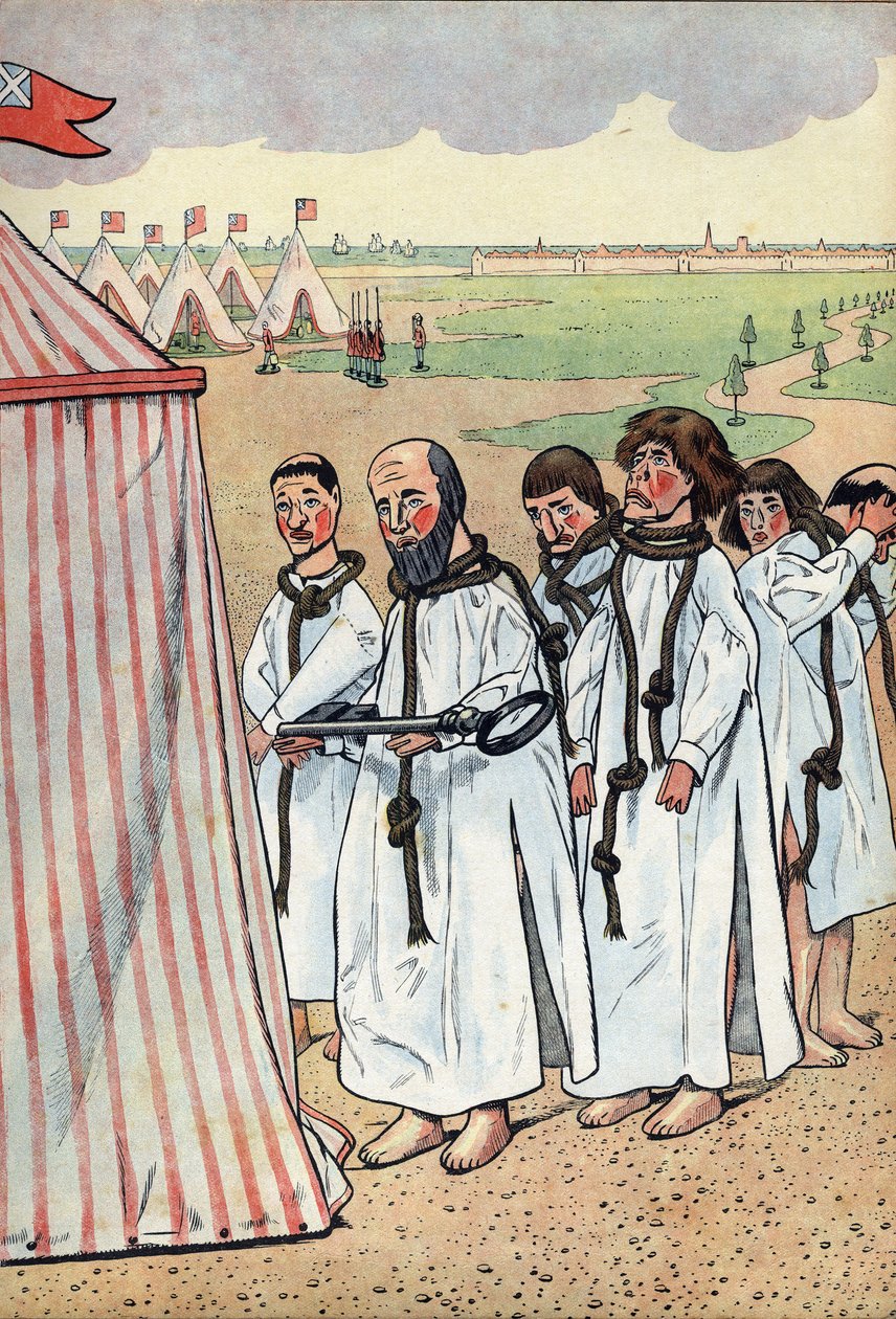 Scen av Frankrikes historia i leksaker: Borgerskapet i Calais. Belägringen av Calais 1347 och förtäringen av Eustache av Sankt Peter, den mest kända av de sex borgarna i Calais, som gick till kungen av England Edward III för att vädja om nåden av av pseudonym for Onfray de Breville Jacques Job