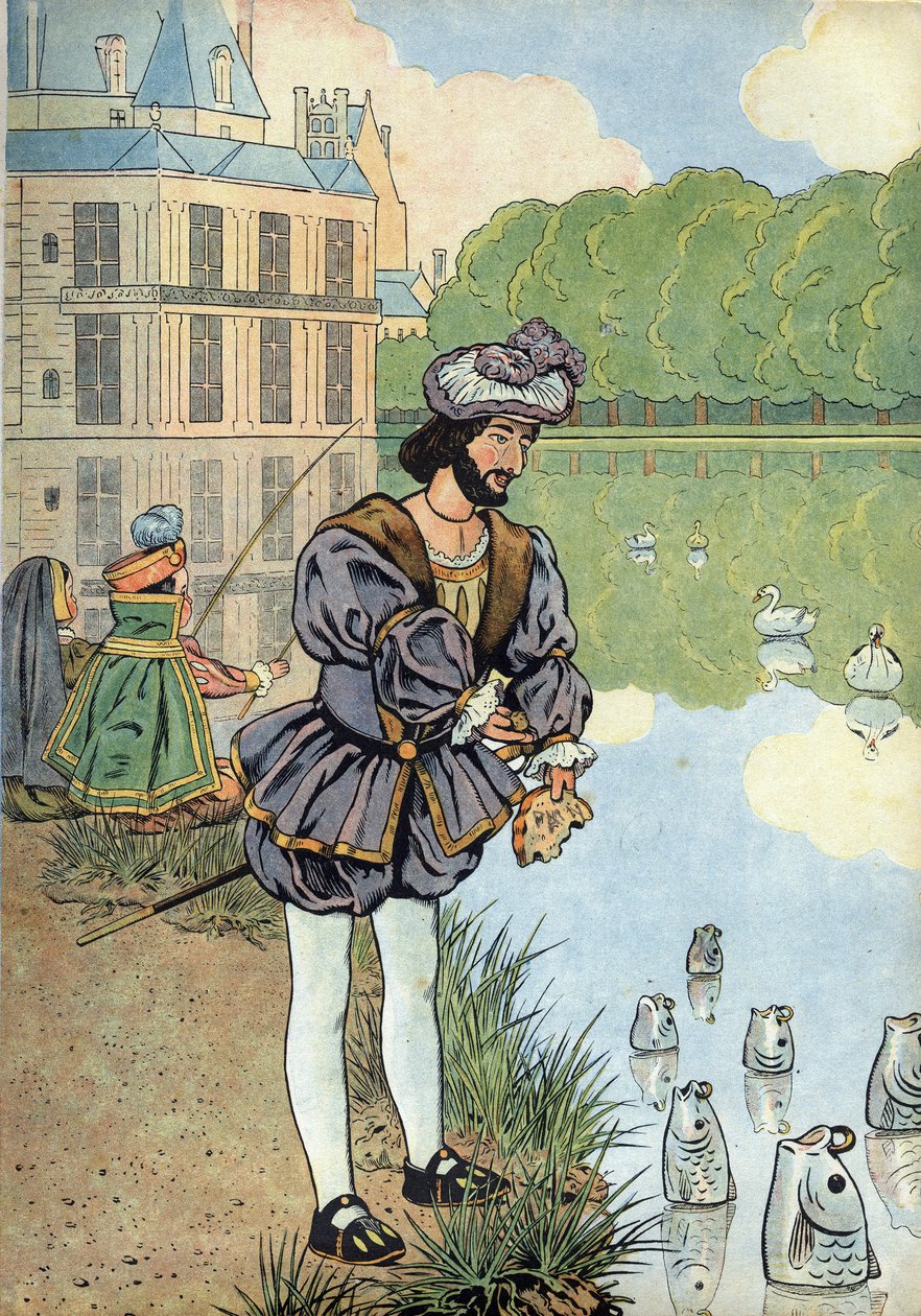 Scen av Frankrikes historia i leksaker: Frankrikes kung Francois I (1494-1547) ger bröd till fiskarna i Fontainebleaus park. I “” Joujoux a l