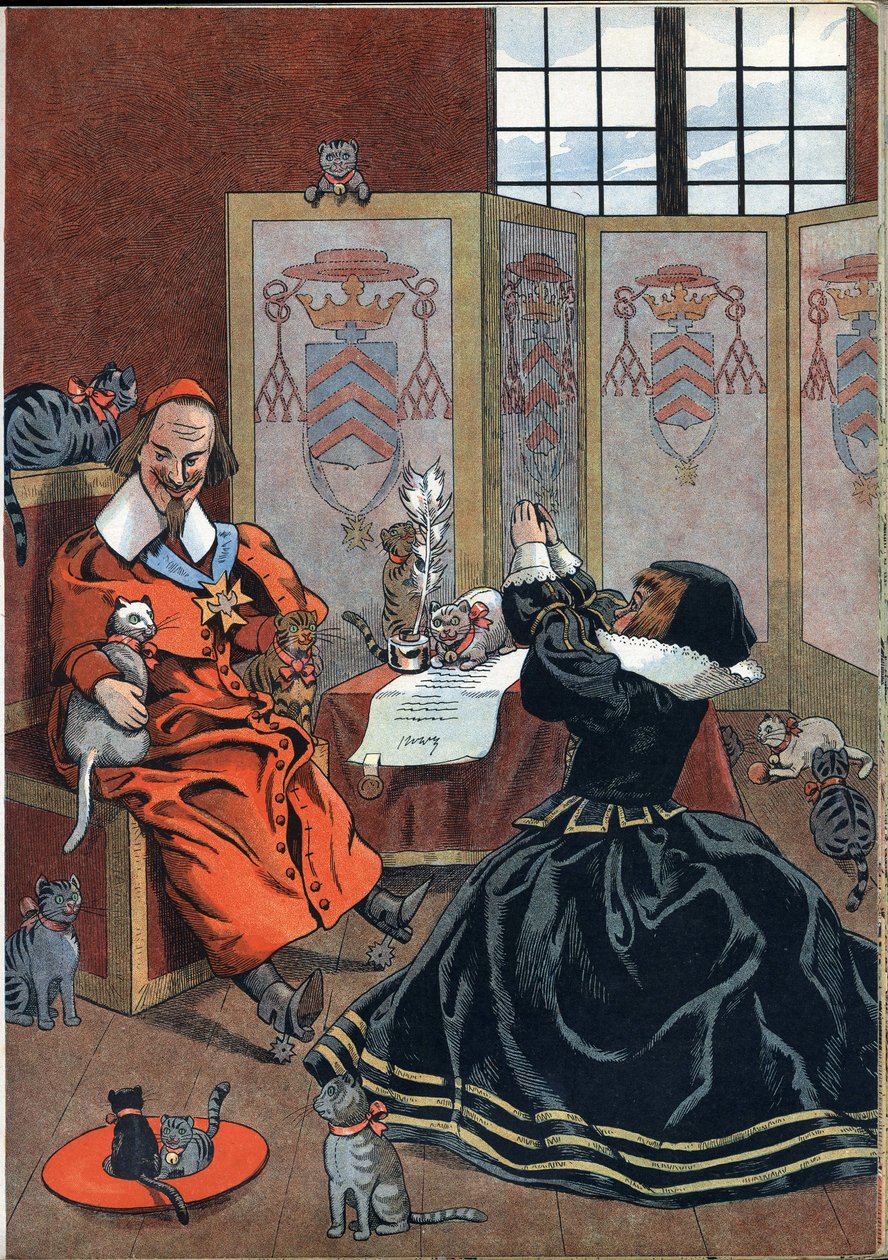 Scen av Frankrikes historia i leksaker: kvinna som ber om förlåtelse från kardinal Richelieu (1585-1642) omgiven av katter. I “” Joujoux a l