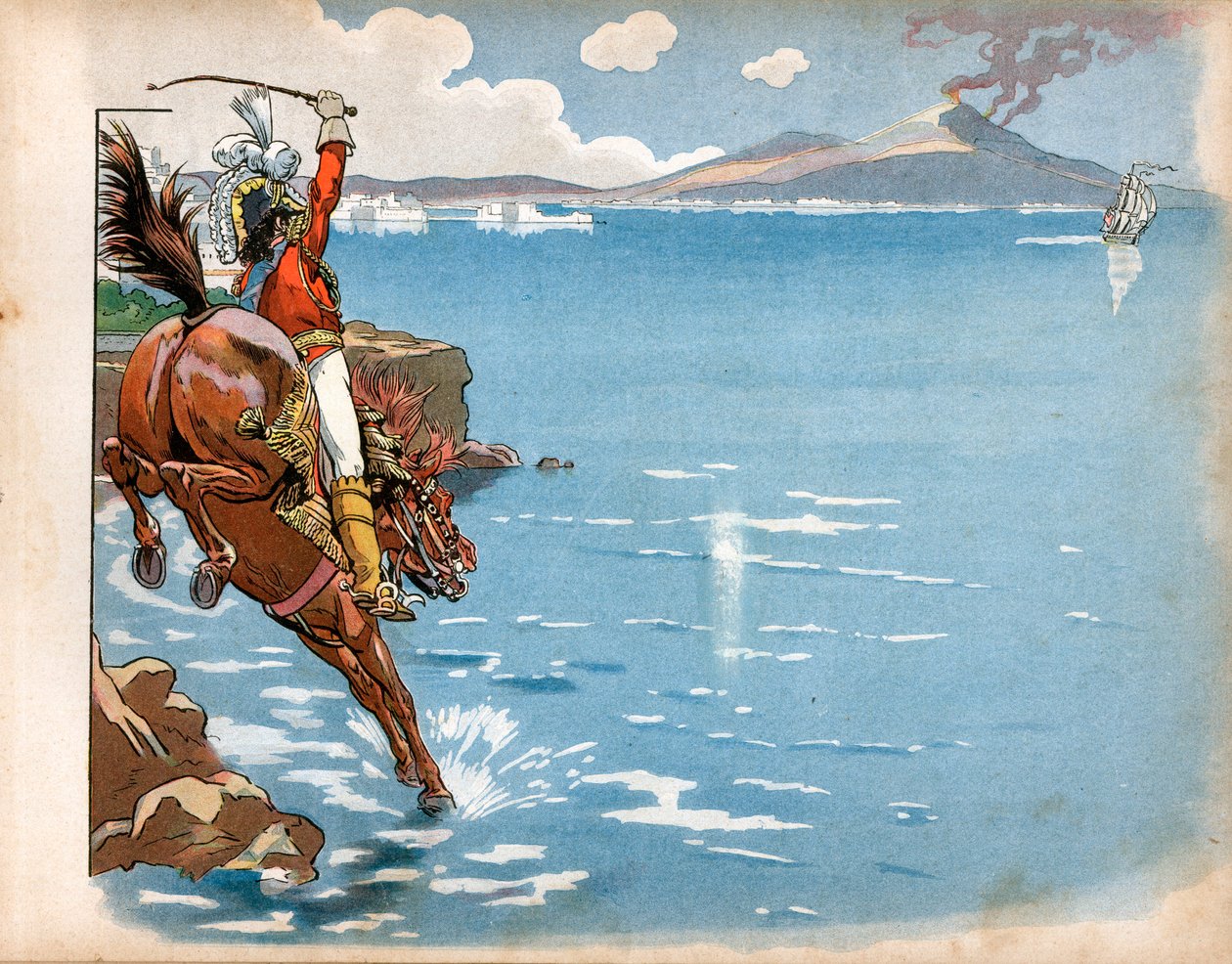 Engelsmännen red på kusterna i hans delstat, och medan han red till häst på stranden såg Joachim Murat (1767-1815), kung av Neapel, en engelsk fregatt, knuffade ner sin häst i vattnet och stormade. Gravyr av Jacques Marie Gaston Onfray de Breville av pseudonym for Onfray de Breville Jacques Job