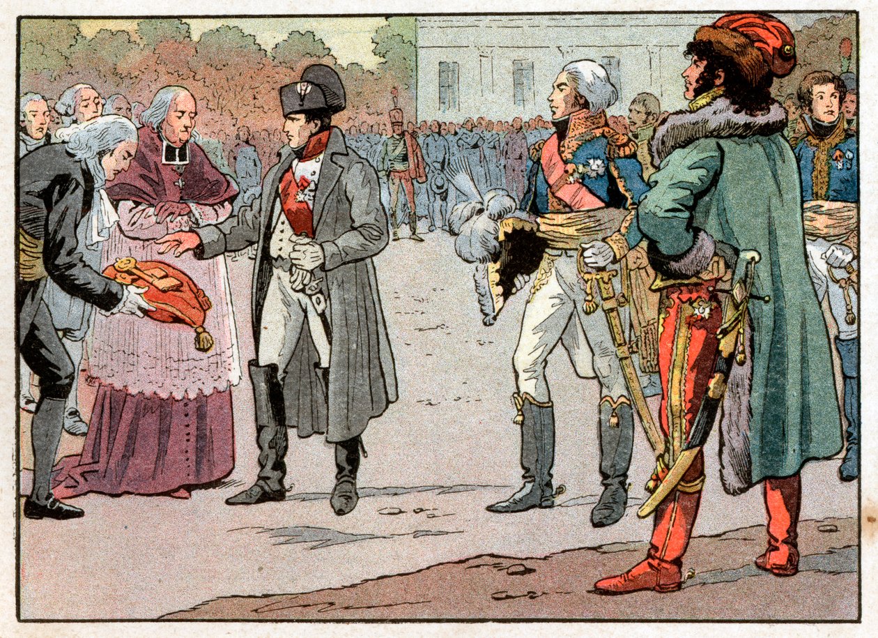 Wiens försvarare överlämnade till Napoleon I Bonaparte (1769-1821) stadens nycklar i närvaro av Joachim Murat (1767-1815) den 14/11/1805. Gravyr av Jacques Marie Gaston Onfray de Breville dit Job (1858-1931) av pseudonym for Onfray de Breville Jacques Job