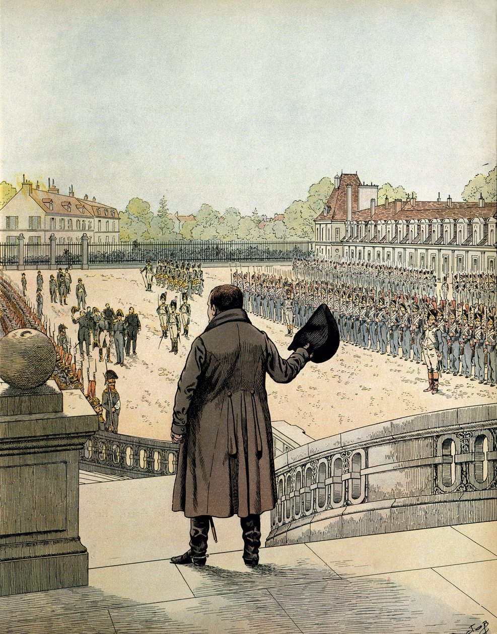 Farväl av Napoleon I Bonaparte (1769-1821) på innergården till Cheval Blanc i Fontainebleau den 20 april av pseudonym for Onfray de Breville Jacques Job