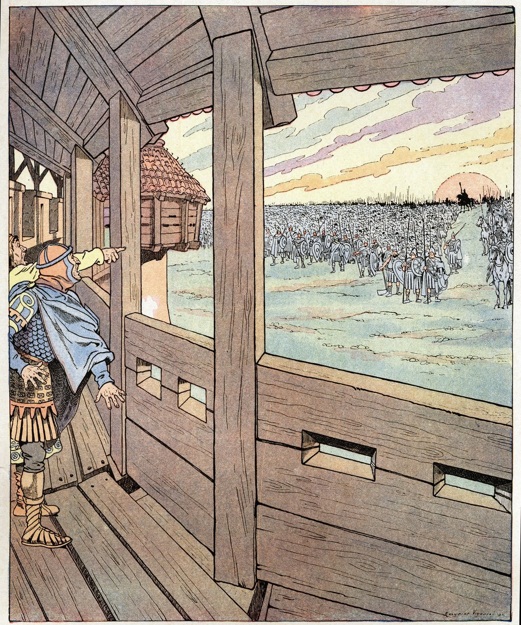 Järnmannen, det här är Karl den Store. Oggers ord till kungen av langobarderna Didier när han träffade kung Karl den Store eller Karl I den store (742-814) från toppen av Pavias murar 774. Illustration av Job (Jacques Marie Gaston Onfray och Breville av pseudonym for Onfray de Breville Jacques Job