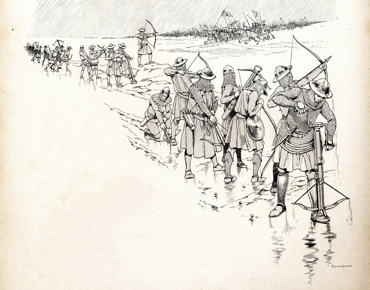 Regnet sätter bågskyttarna i armén av den franske kungen Philip VI dit Philippe de Valois (1293-1350) ur strid genom att blöta bågarnas rep under slaget vid Crecy 1346 i början av hundraåriga kriget. Illustration av Job (Jacques av pseudonym for Onfray de Breville Jacques Job