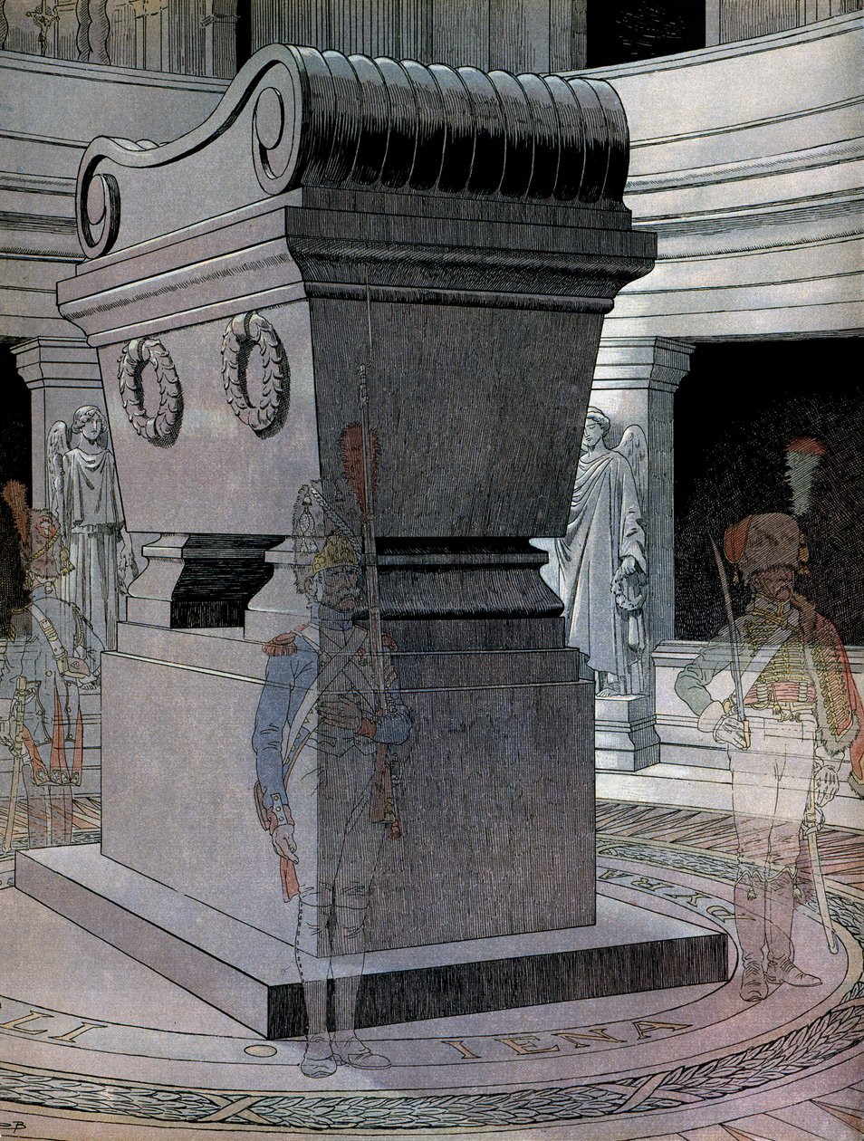 Kejsar Napoleon I Bonapartes (1769-1821) grav vid Invalides med spökvakter. I "" Napoleon"" av Georges Montorgueil. Illustration av Jacques Marie Gaston Onfray de Breville dit JOB (1858-1931) av pseudonym for Onfray de Breville Jacques Job
