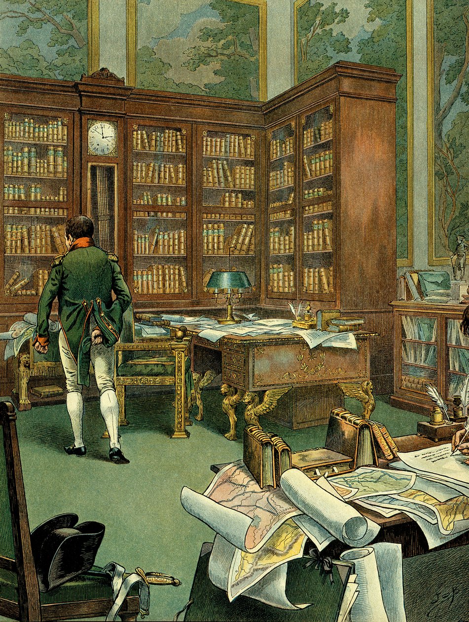 Arbetarkabinett av Napoleon I Bonaparte (1769-1821) på första våningen i Palais des Tuileries medan han var förste konsul. Skrivbord med bibliotek och klocka byggd i trä. Illustration av Jacques Marie Gaston Onfray de Breville dit JOB (1858-1931). Privat C av pseudonym for Onfray de Breville Jacques Job