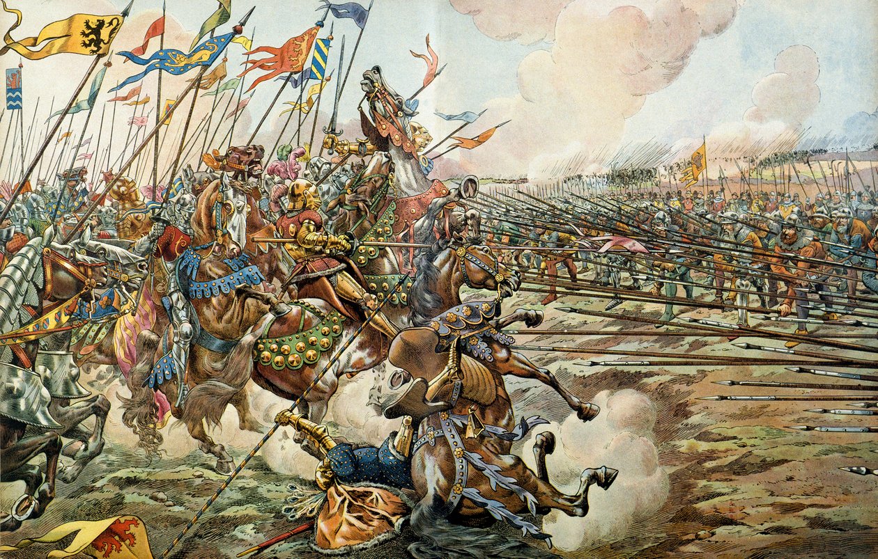 Slaget vid Sonson mellan burgunderna och schweizarna vid Grandson, Schweiz den 2 mars 1476. Illustration av Jacques Marie Gaston Onfray de Breville dit JOBB av pseudonym for Onfray de Breville Job