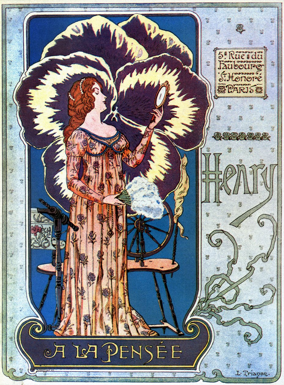 Art Nouveau: reklamaffisch för kosmetikabutiken "Henry a la Thought" i Paris. En ung kvinna beundrar sig själv i en spegel, bakom henne en tankeblomma. Illustration av L. Trianon av pseudonym of Trinquier Louis Trinquier Trianon