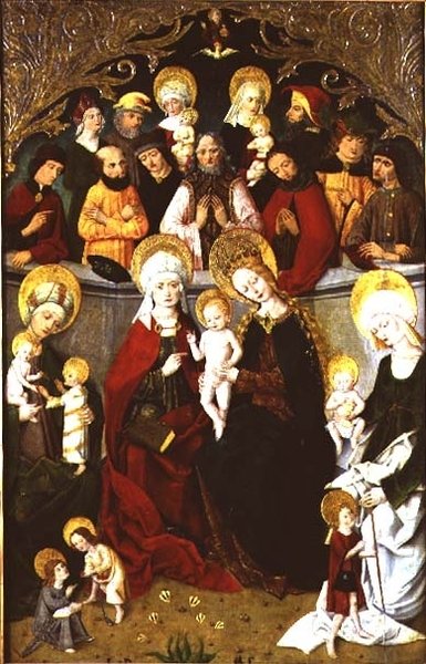 The Family of the Virgin, 1497 (tempera på panel) av school of Master of the Rhine