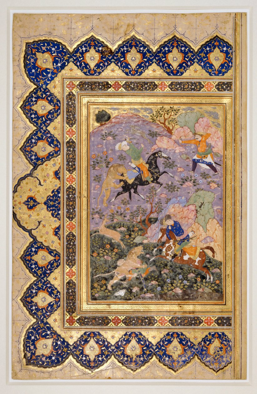 Jakt på vilda djur, ca 1540 (bläck, gouache och guld) av School Iranian