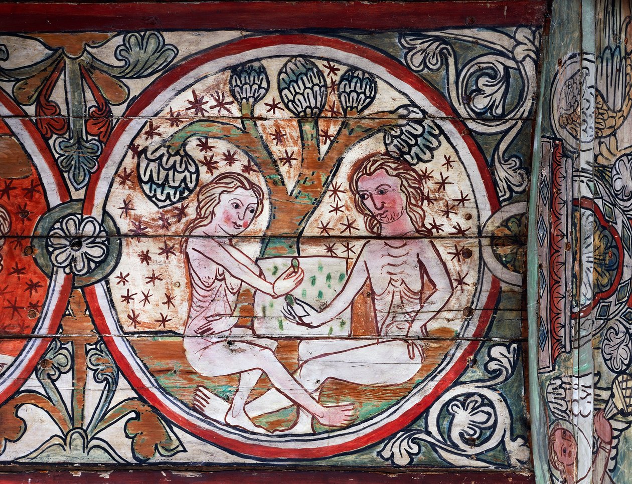 Adam och Eva i Edens lustgård, dekoration från Al Stavkirke, Norge (fresco) av school Scandinavian