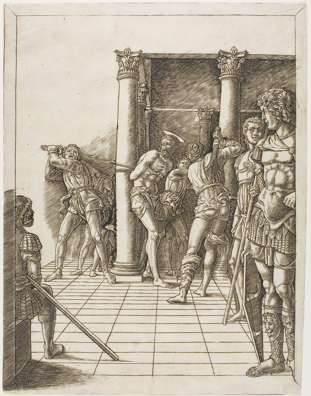 Kristi flagellation, med trottoaren av school of Andrea Mantegna