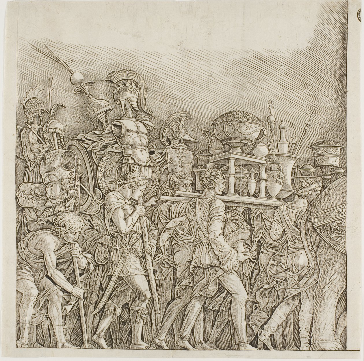 Triumf av Caesar: Soldater som bär troféer av school of Andrea Mantegna