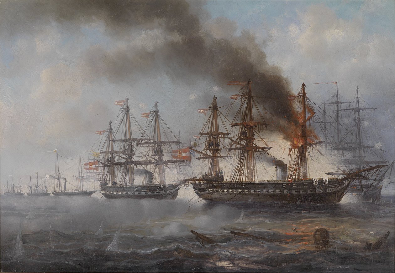 Das Seegefecht bei Helgoland 1864 (die brennende österreichische Fregatte Schwarzenberg, dahinter die Fregatte Radetzky) av Josef Karl Berthold Puttner