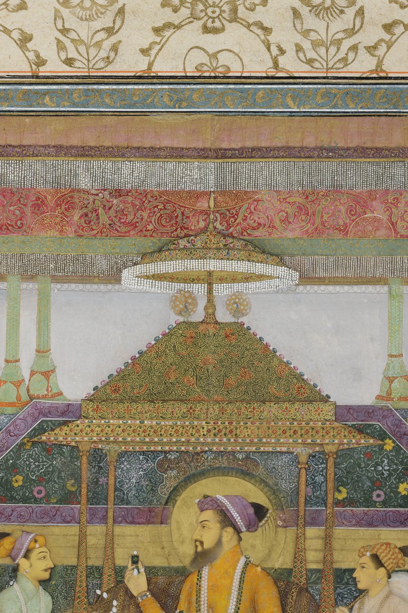 Detalj från The Emperor Shah Jahan on the Peacock Throne, 1640 (ogenomskinlig wc & guld på papper) av son of Aqa Riza Abid