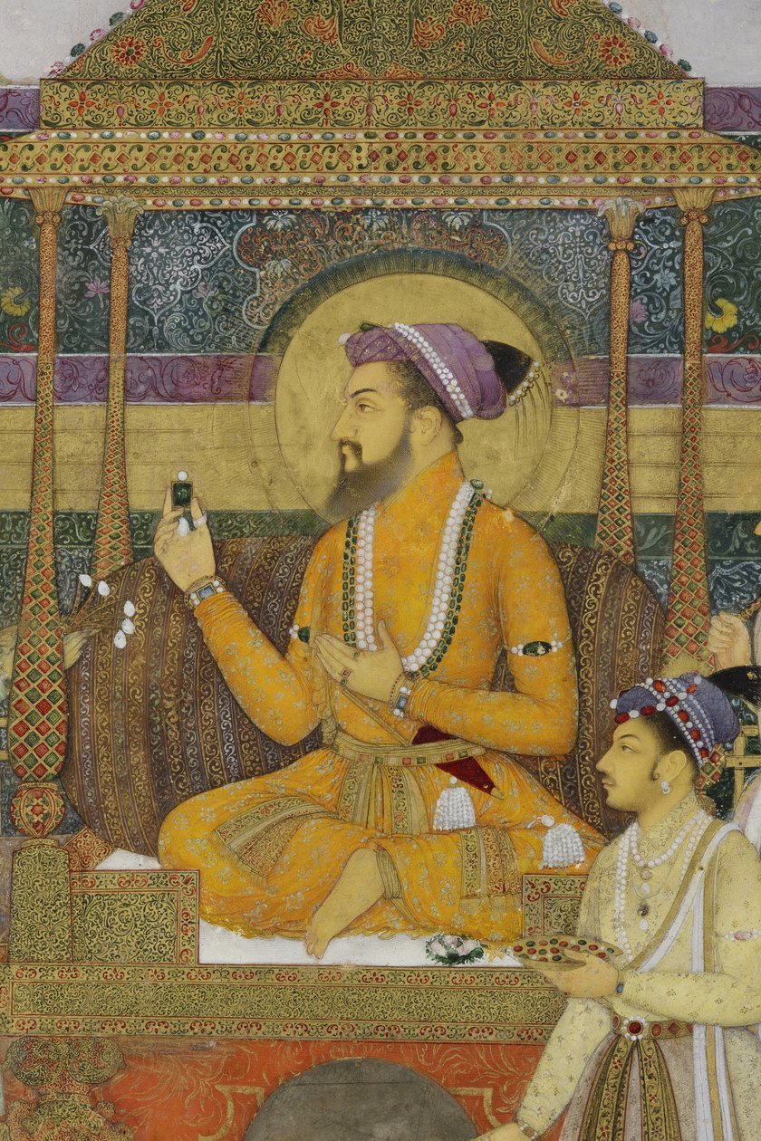 Detalj från The Emperor Shah Jahan on the Peacock Throne, 1640 (ogenomskinlig wc & guld på papper) av son of Aqa Riza Abid