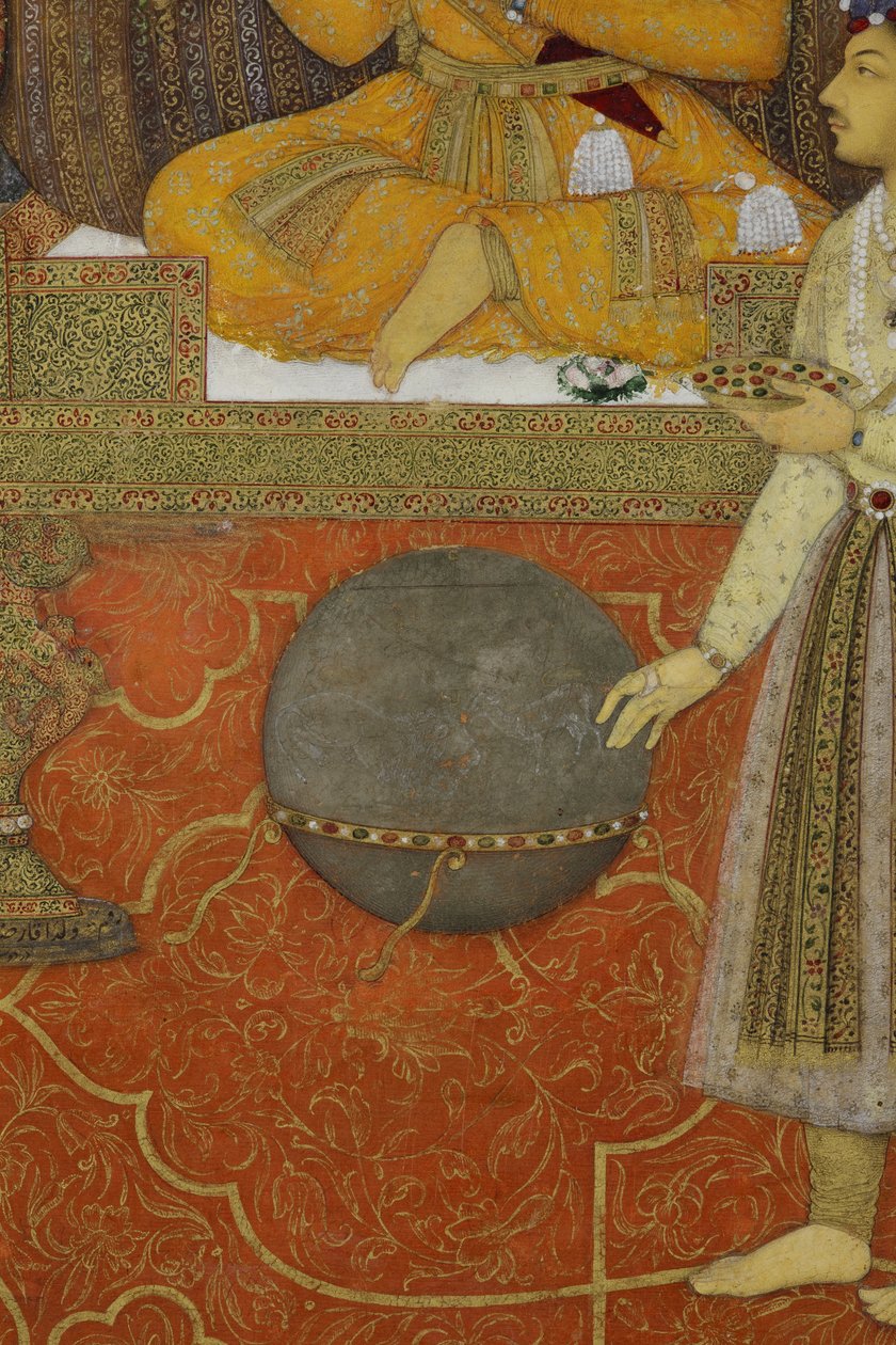 Detalj från The Emperor Shah Jahan on the Peacock Throne, 1640 (ogenomskinlig wc & guld på papper) av son of Aqa Riza Abid