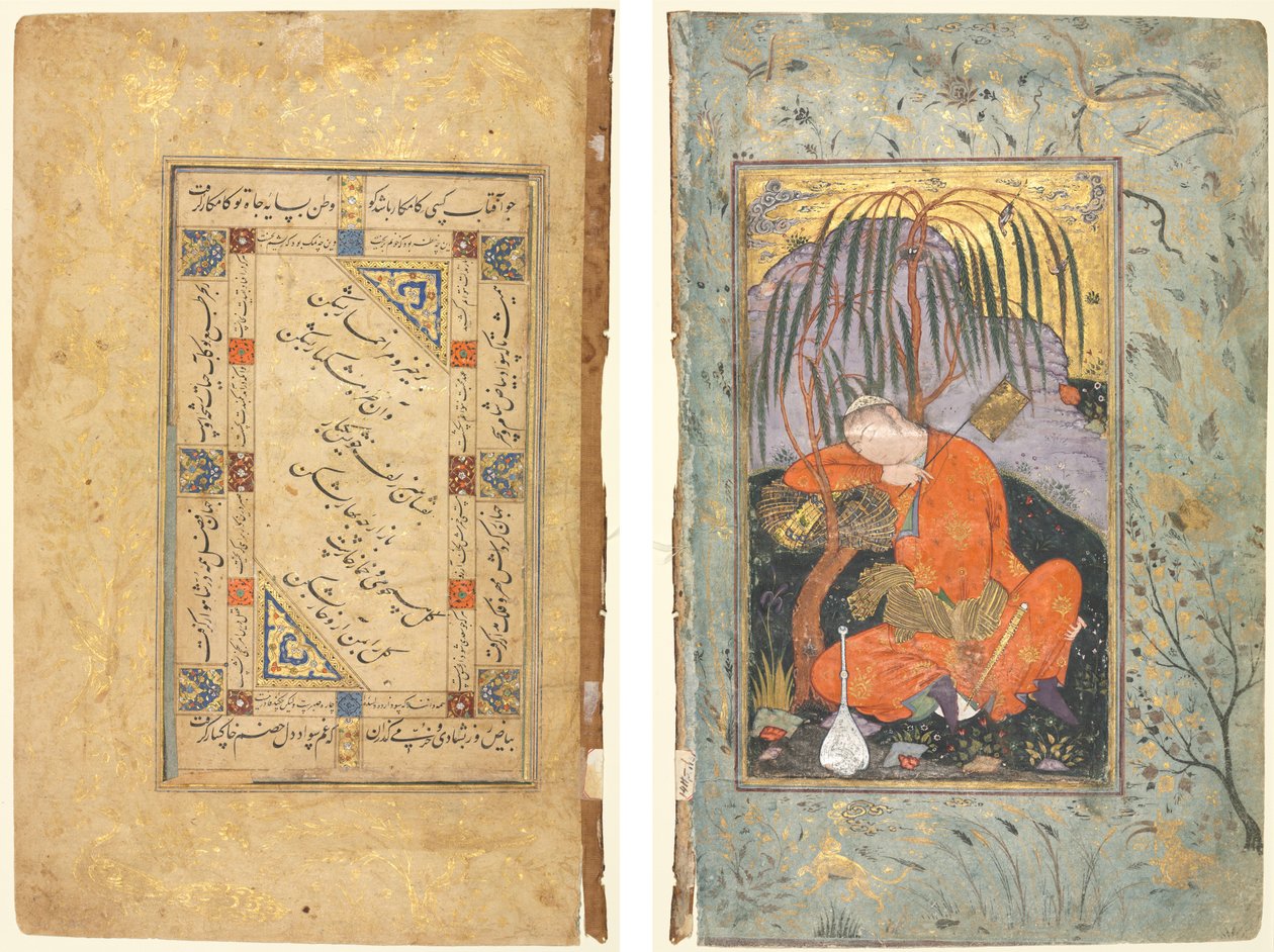 persiska par (recto); Sleeping Youth (verso) av style of Riza yi Abbasi