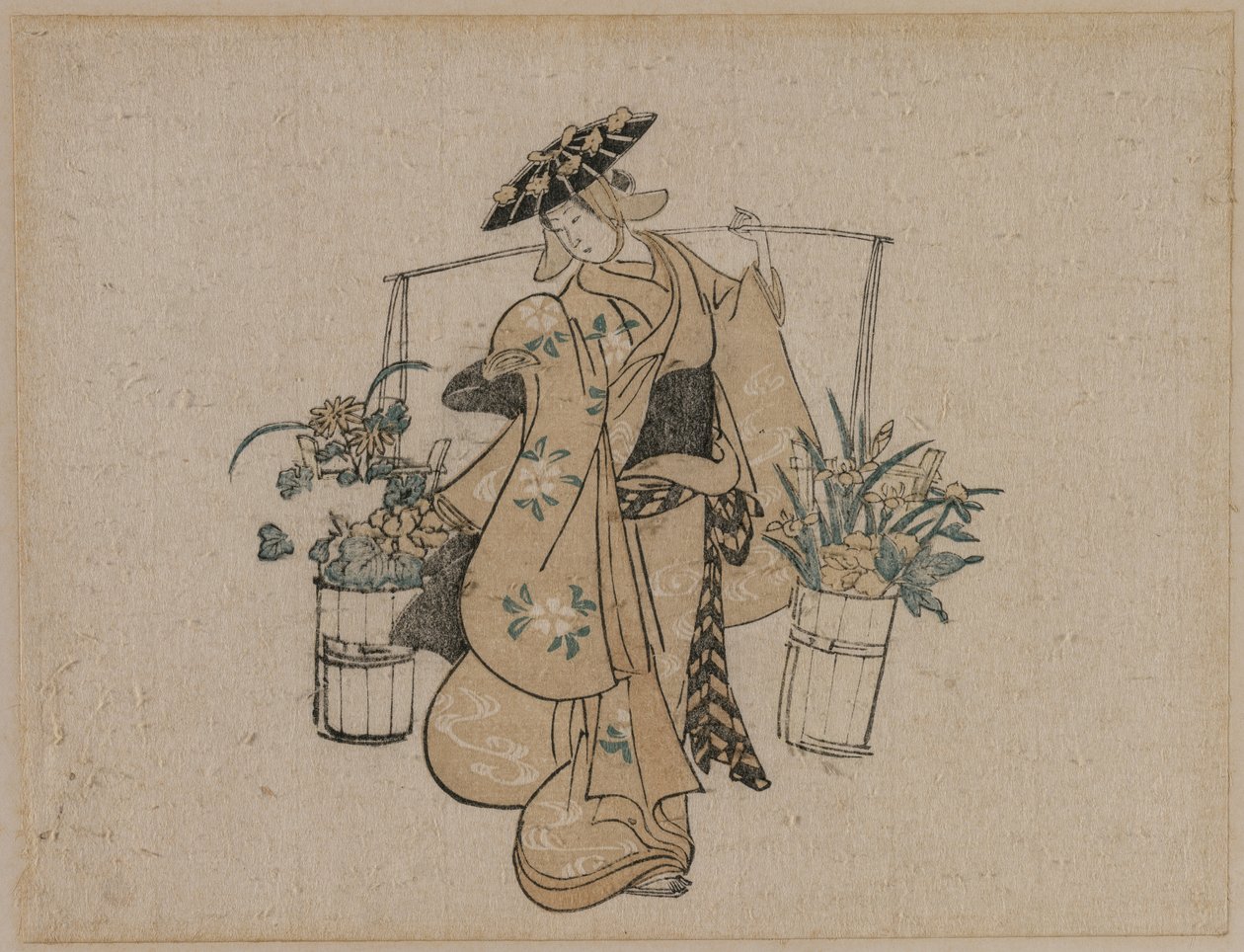 En skönhet som bär två hinkar med blommor av style of Torii Kiyomasu