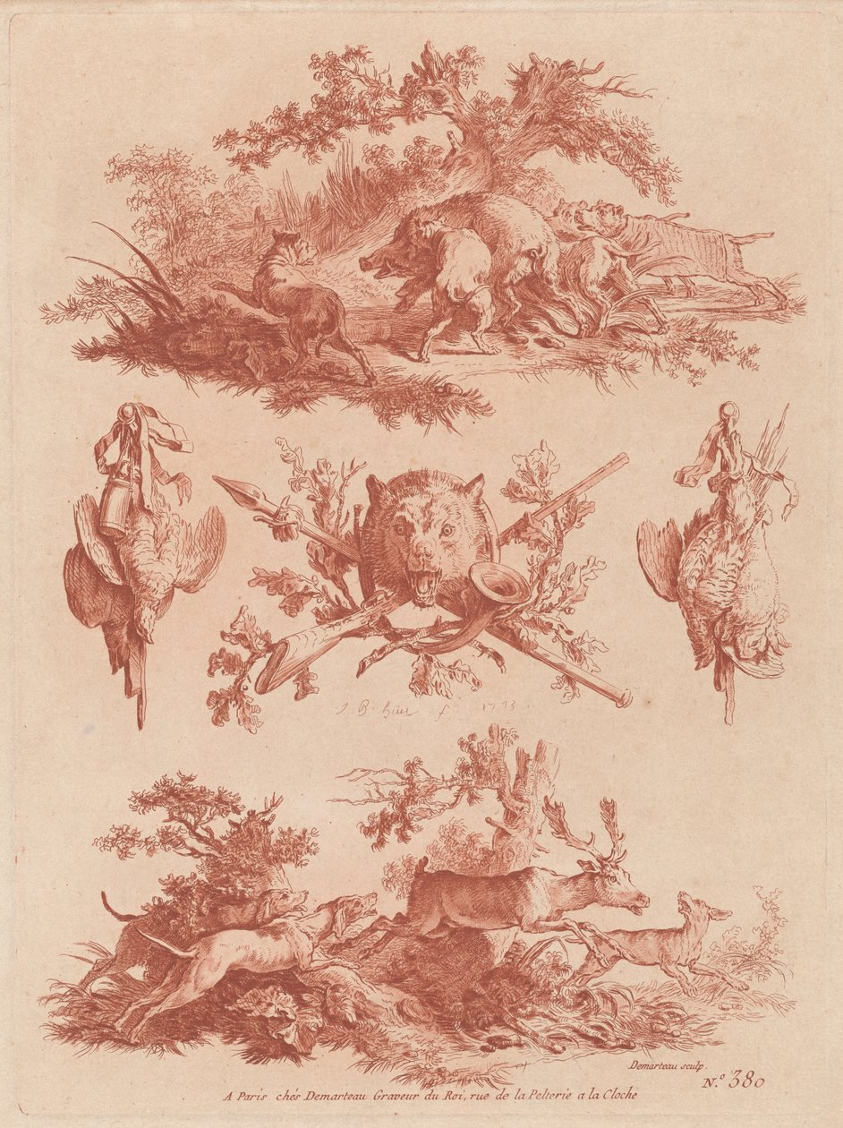 Jakttroféer och vinjetter med hundar som jagar en galt och en hjort av the Elder and Jean Baptiste Hüet Gilles Demarteau