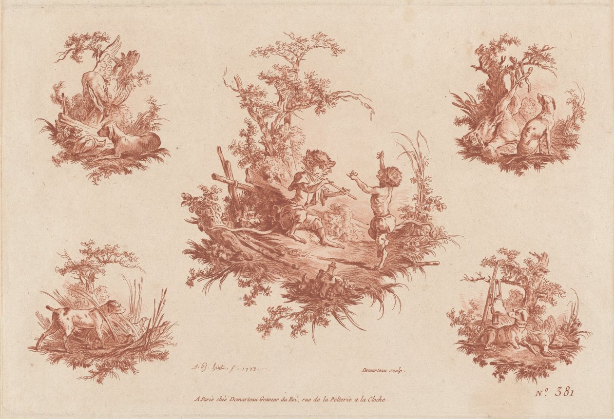 Singerie med fyra vinjetter av hundjakt av the Elder and Jean Baptiste Hüet Gilles Demarteau