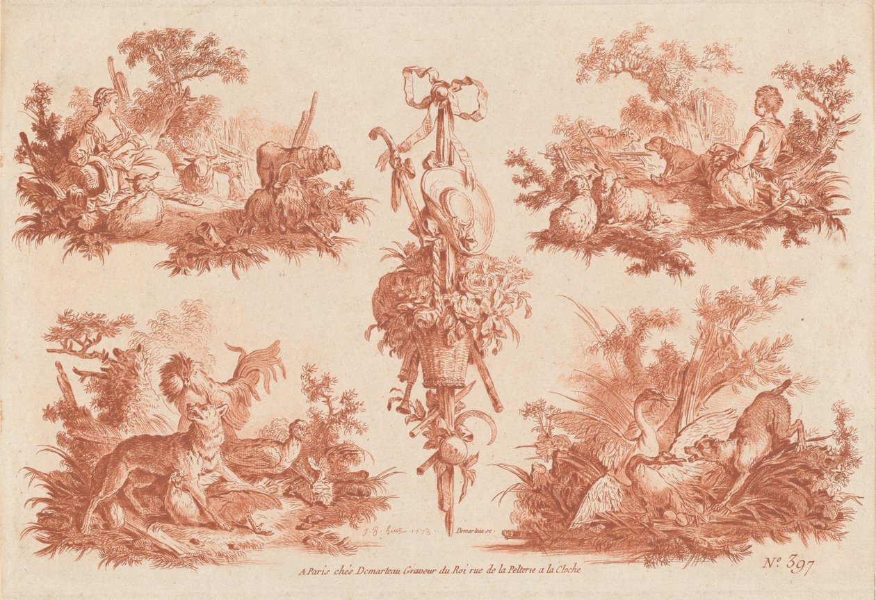 Två pastorala vinjetter, två jaktvinjetter och en trofé av the Elder and Jean Baptiste Hüet Gilles Demarteau