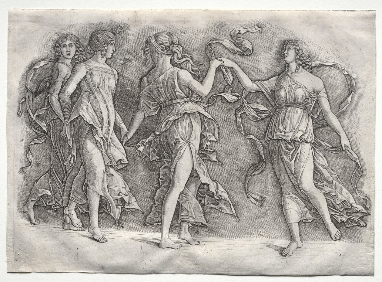 Fyra dansande muser, ca. 1497. av the so called Premier Engraver