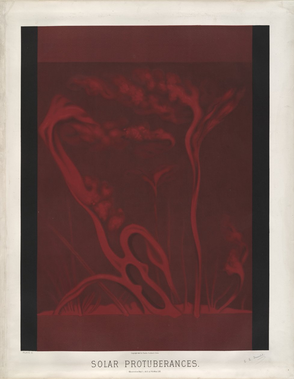Solar protuberances. Observed on May 5, 1873 at 9h, 40m. A.M. (Plate II  from The Trouvelot Astronomical Drawings 1881) av Étienne Léopold Trouvelot
