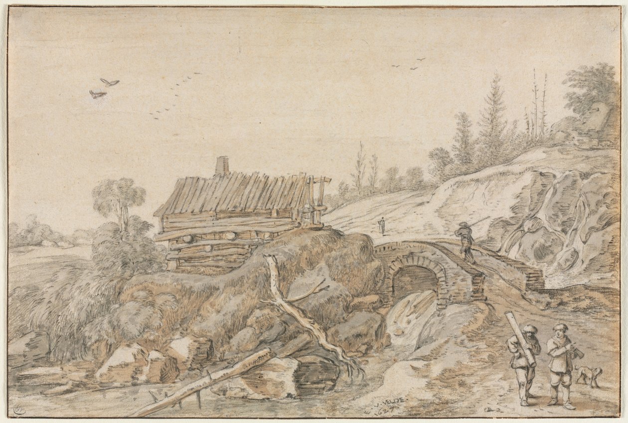 Kuperat landskap med koja bredvid en bäck, 1627. av van de Velde Esaias