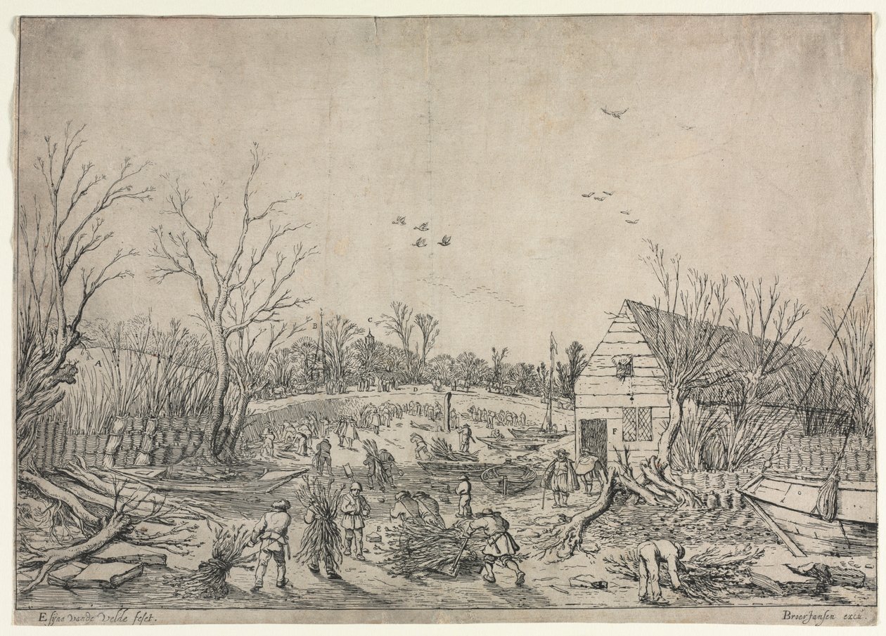 Den stora översvämningen den 10 januari 1624 eller Reparation av den brutna vallen vid floden Lek av Vianen, 1624. av van de Velde Esaias