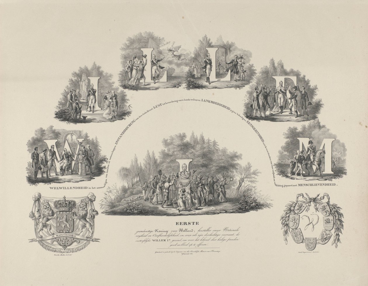 Allegori om kung William I:s dygder, 1831 William I:s förste konstitutionella kung av Holland, återställare av vår nationella frihet och oberoende (...) (titel på objektet) av van der Meulen
