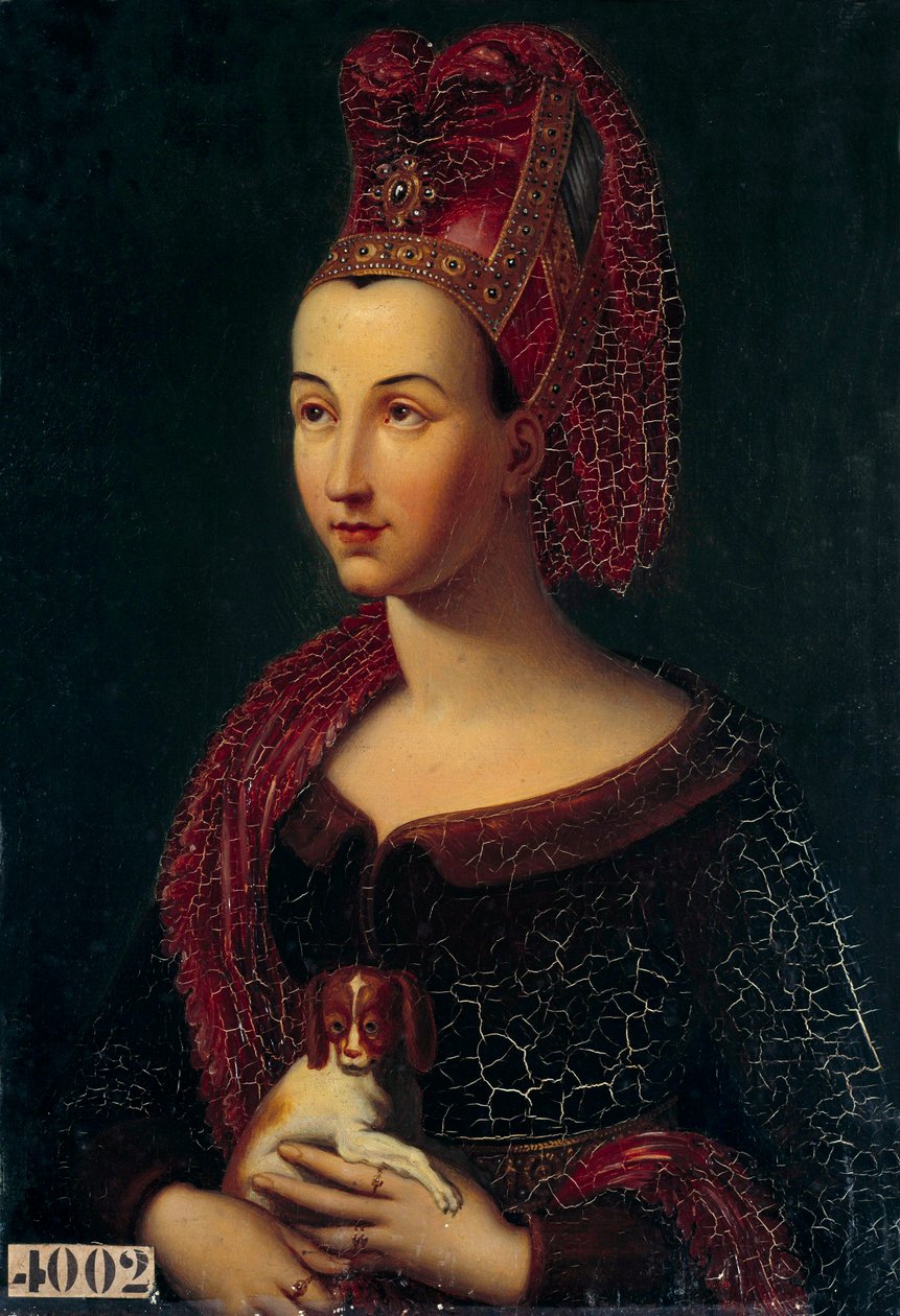 Porträtt av Margareta av Flandern, hertiginna av Bourgogne (1350-1405) - Med huvudet med en liripion - Målning av Vincent Nicolas Raverat (1801-1865) (ec.fr.) 1800-talet sön. 0,43x0,3 m av vincent Nicolas Raverat
