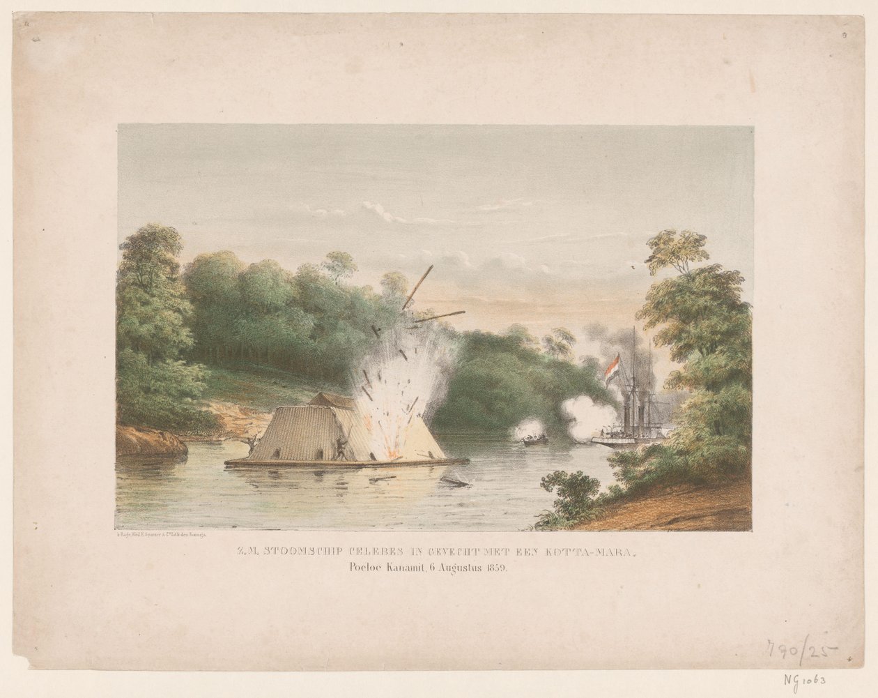 Z.M. Steamship Celebes i strid med en kotta-mara. Poeloe Kanamit, 6 augusti 1859 (titel på objekt) av weduwe Elias Spanier and Zn