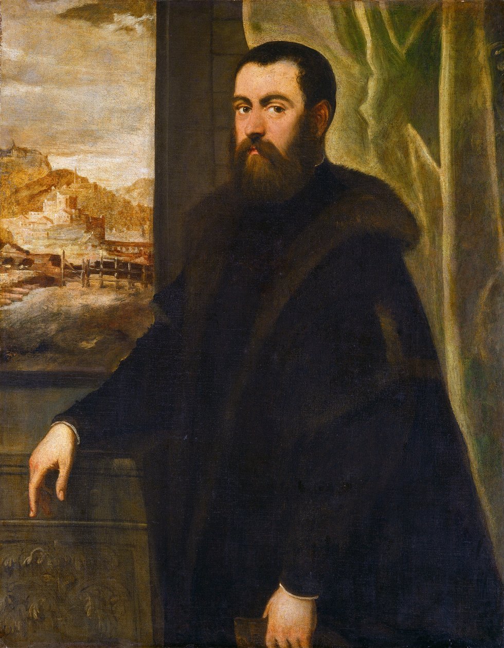 Porträtt av en man med landskapsvy av with landscape by Maarten de Vos Jacopo Tintoretto