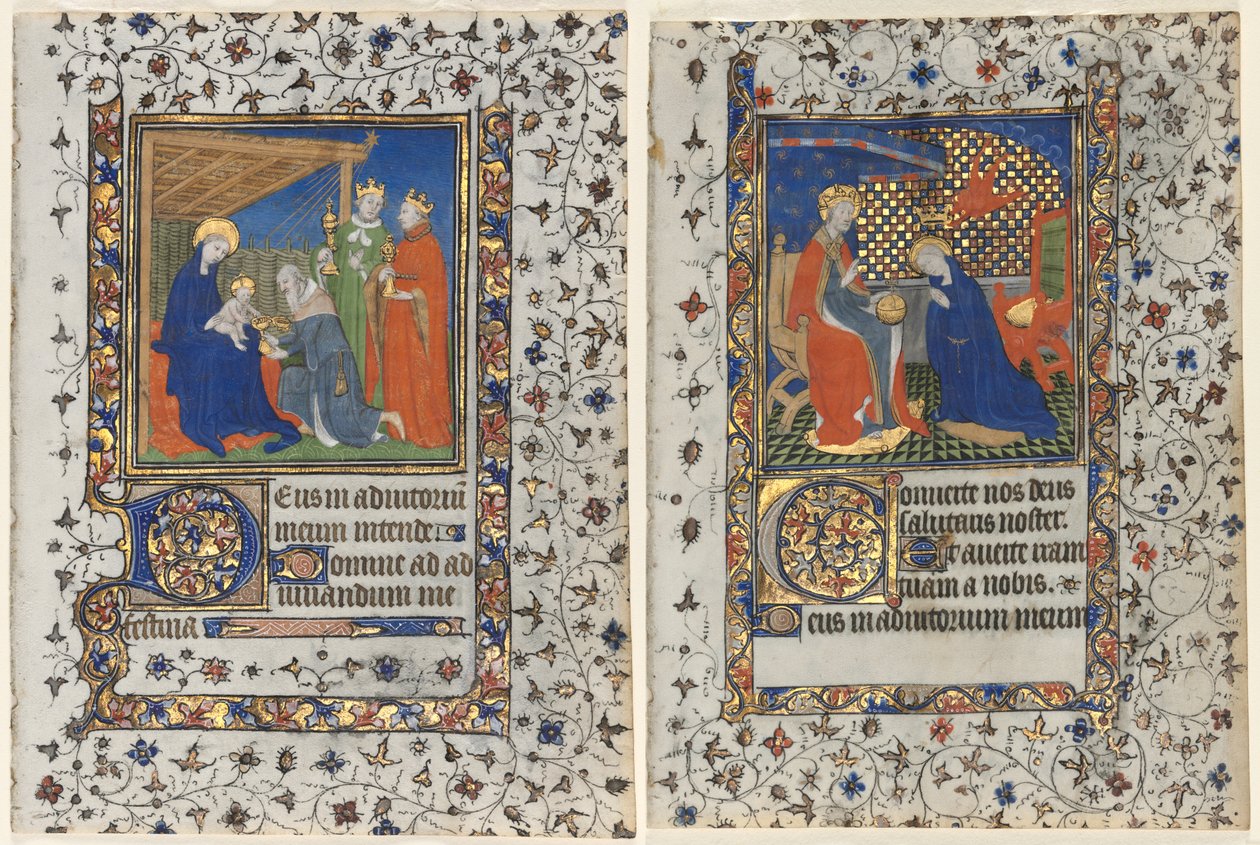 Bifolio från a Book of Hours: Adoration of the Magi och Coronation of the Virgin av workshop of Boucicaut Master