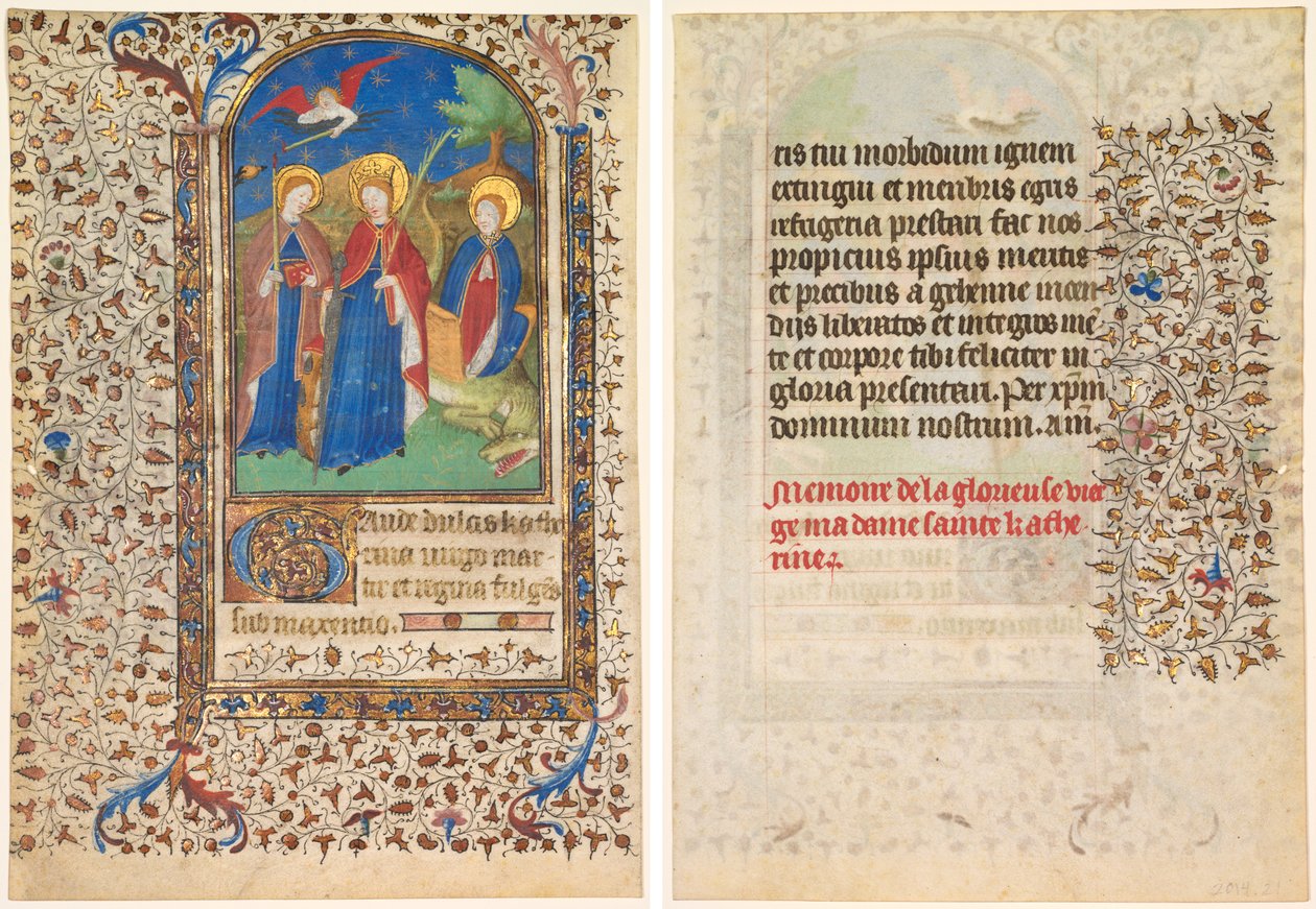 Blad från en timbok: Sts. Geneviève, Katarina av Alexandria och Margareta (recto) och text (verso) av workshop of Boucicaut Master