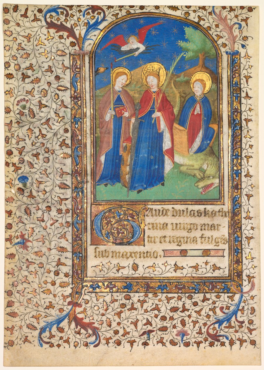 Blad från en timbok: Sts. Geneviève, Katarina av Alexandria och Margareta (rekto) av workshop of Boucicaut Master