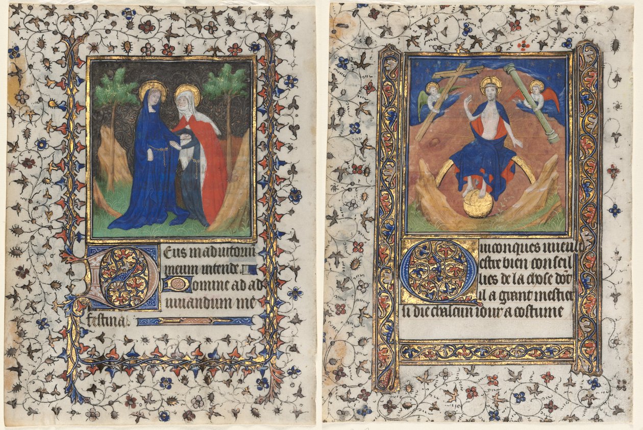Blad från en timbok: Besöket och Kristus i domen av workshop of Boucicaut Master