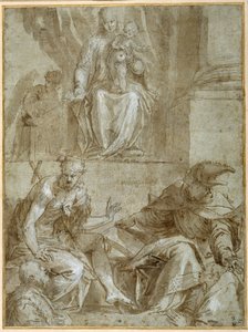 Jungfru och barn tronade med de heliga Johannes Döparen, ca 1548 (penna, svart bläck & brunt tvätt på papper) av Veronese