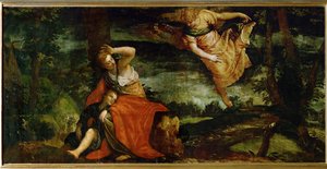 Hagar och Ismael i öknen vid Bersheeba, Israel ... (olja på duk)