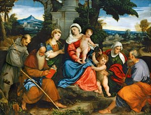 Den heliga familjen med helgonet Franciskus, Antonius, Magdalena, Johannes Döparen och Elisabet ...