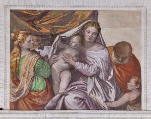 Madonna med spädbarnet Jesus och St. Catherine erbjuder en duva till Jesus, södra väggen i rummet med den lilla hunden, detalj av 2632659 av Veronese